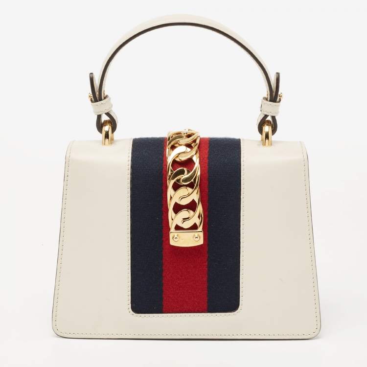 Pre Owned Gucci Off White Leather Mini Web Chain Sylvie Top Handle Bag