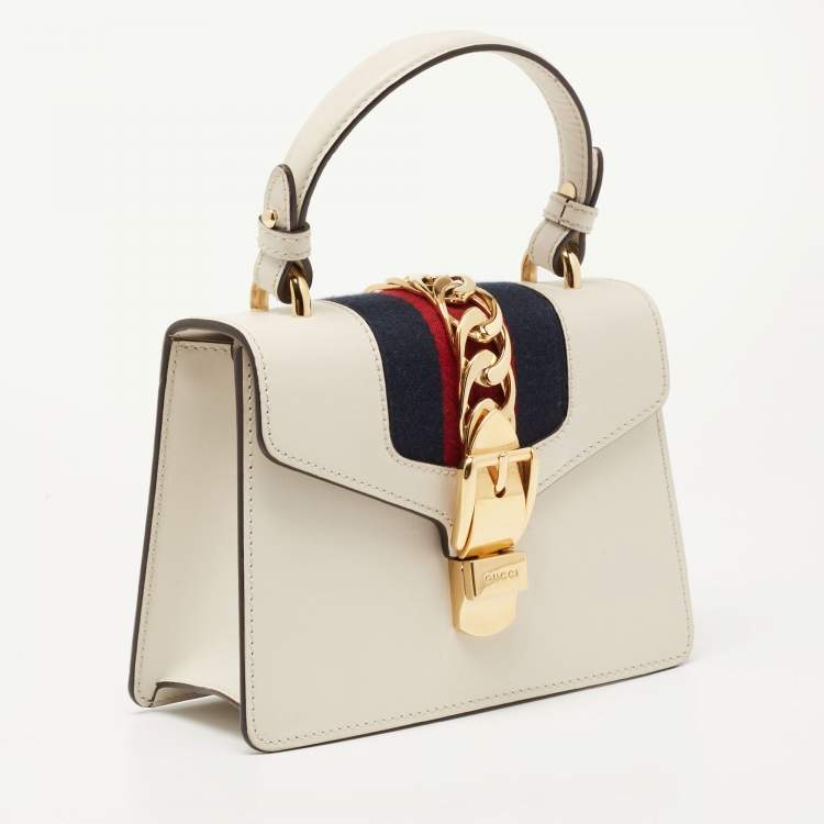 Pre Owned Gucci Off White Leather Mini Web Chain Sylvie Top Handle Bag