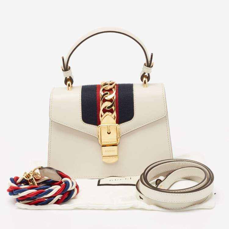 Pre Owned Gucci Off White Leather Mini Web Chain Sylvie Top Handle Bag