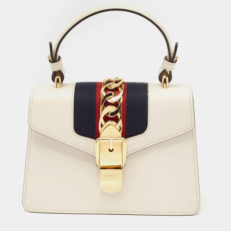 Pre Owned Gucci Off White Leather Mini Web Chain Sylvie Top Handle Bag