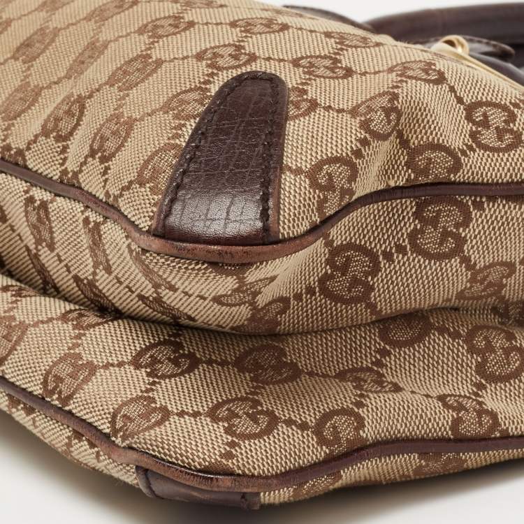 Pre Owned Gucci Beige/Dark Brown GG Canvas and Leather Horsebit Chain Tote