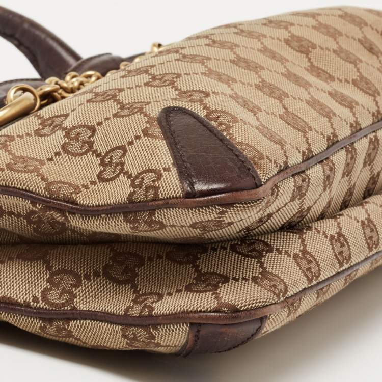 Pre Owned Gucci Beige/Dark Brown GG Canvas and Leather Horsebit Chain Tote