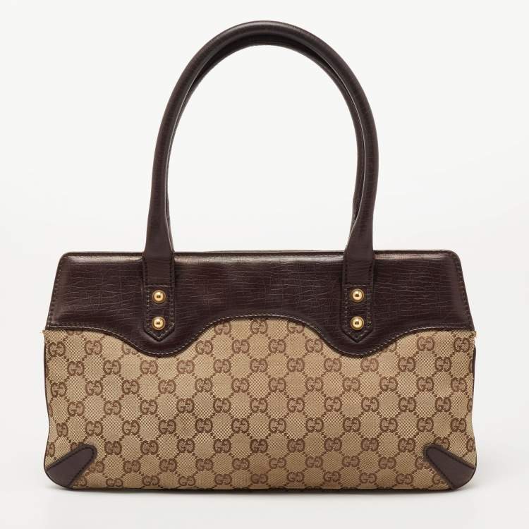 Pre Owned Gucci Beige/Dark Brown GG Canvas and Leather Horsebit Chain Tote