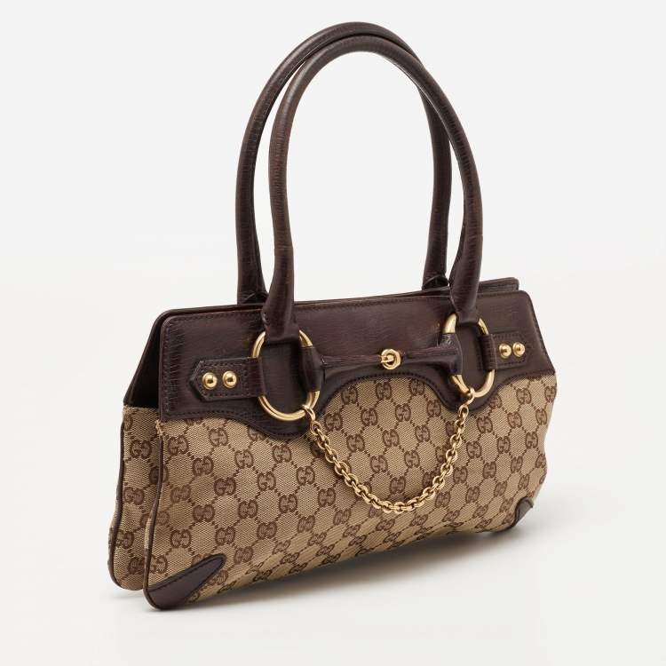 Pre Owned Gucci Beige/Dark Brown GG Canvas and Leather Horsebit Chain Tote