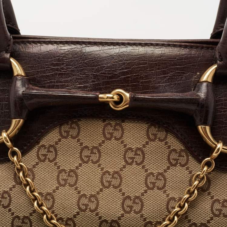 Pre Owned Gucci Beige/Dark Brown GG Canvas and Leather Horsebit Chain Tote