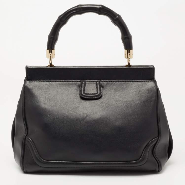 Pre Owned Gucci Black Leather Bold Bamboo Top Handle Bag