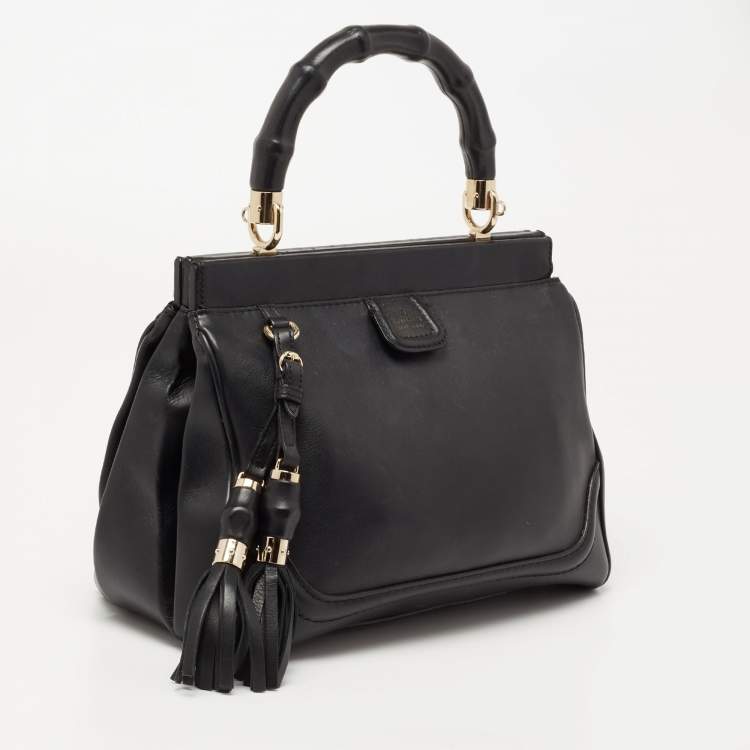 Pre Owned Gucci Black Leather Bold Bamboo Top Handle Bag