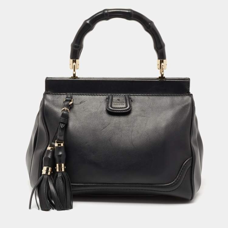 Pre Owned Gucci Black Leather Bold Bamboo Top Handle Bag