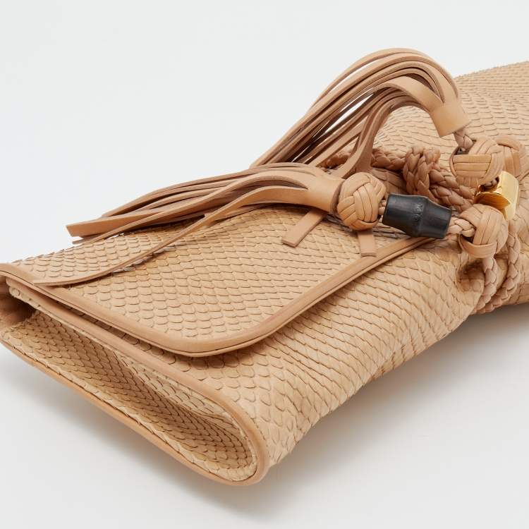 Pre Owned Gucci Beige Python Leather Malika Tassels Clutch