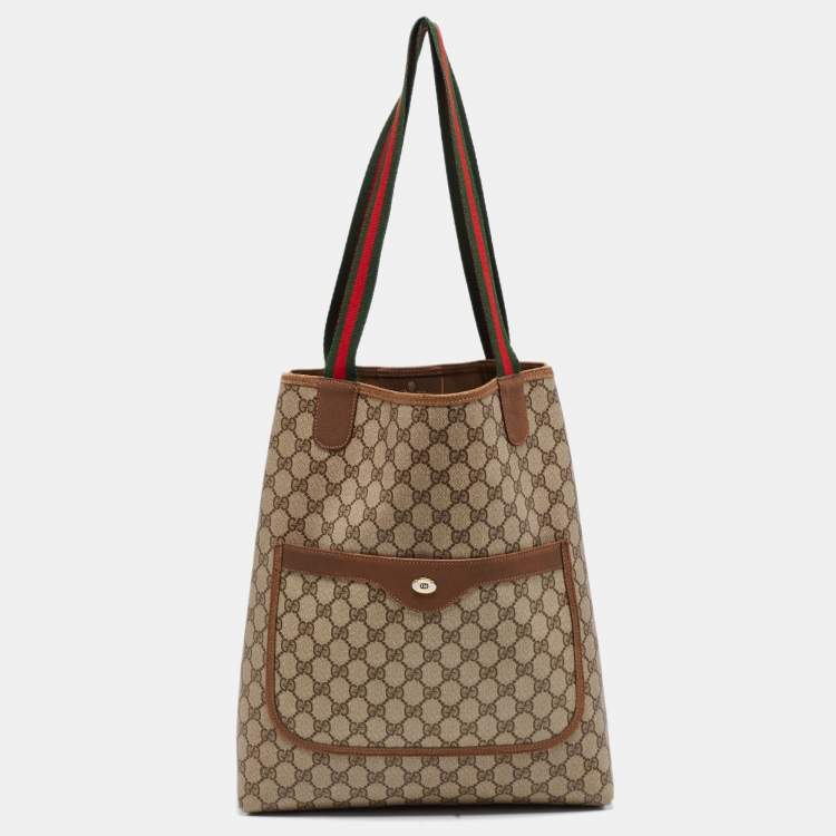 Gucci Brown Beige GG Supreme Canvas Web Tote Gucci The Luxury Closet