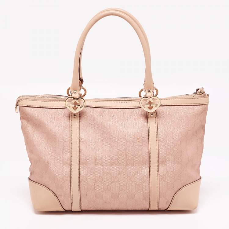 Pre Owned Gucci Beige/Rose Gold Metallic GG Fabric and Leather Small Lovely Heart Tote