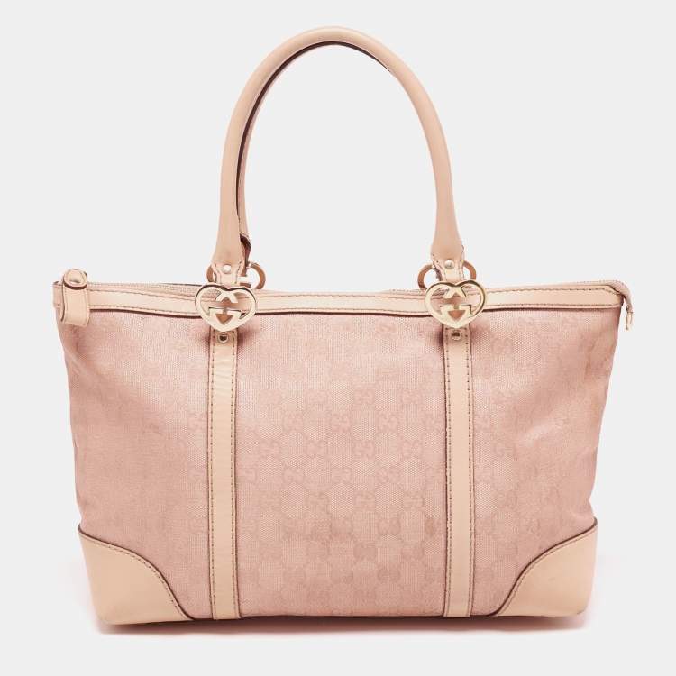 Pre Owned Gucci Beige/Rose Gold Metallic GG Fabric and Leather Small Lovely Heart Tote