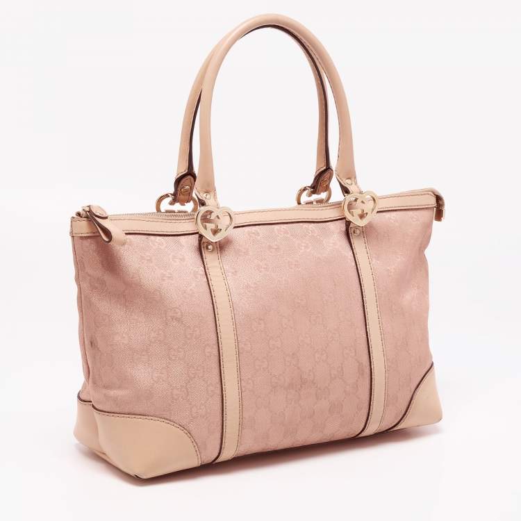Pre Owned Gucci Beige/Rose Gold Metallic GG Fabric and Leather Small Lovely Heart Tote