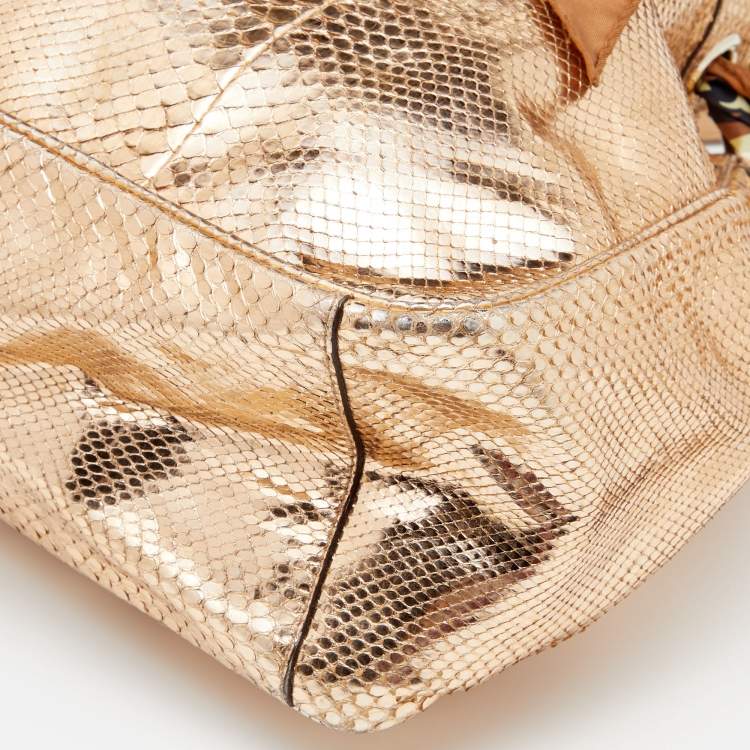 Pre Owned Gucci  Metallic Gold Python Leather Positano Scarf Tote