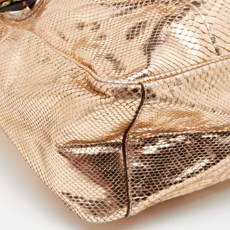 Pre Owned Gucci  Metallic Gold Python Leather Positano Scarf Tote