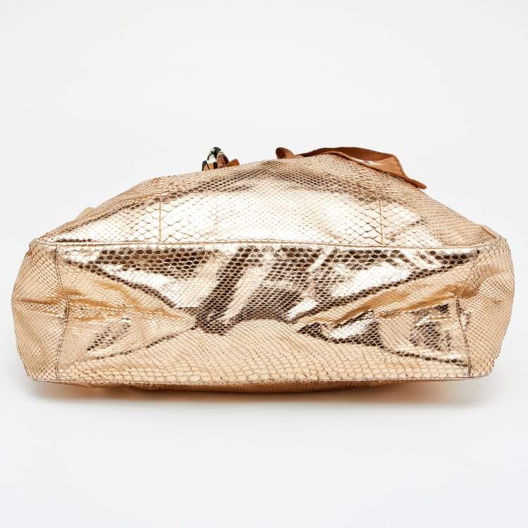 Pre Owned Gucci  Metallic Gold Python Leather Positano Scarf Tote