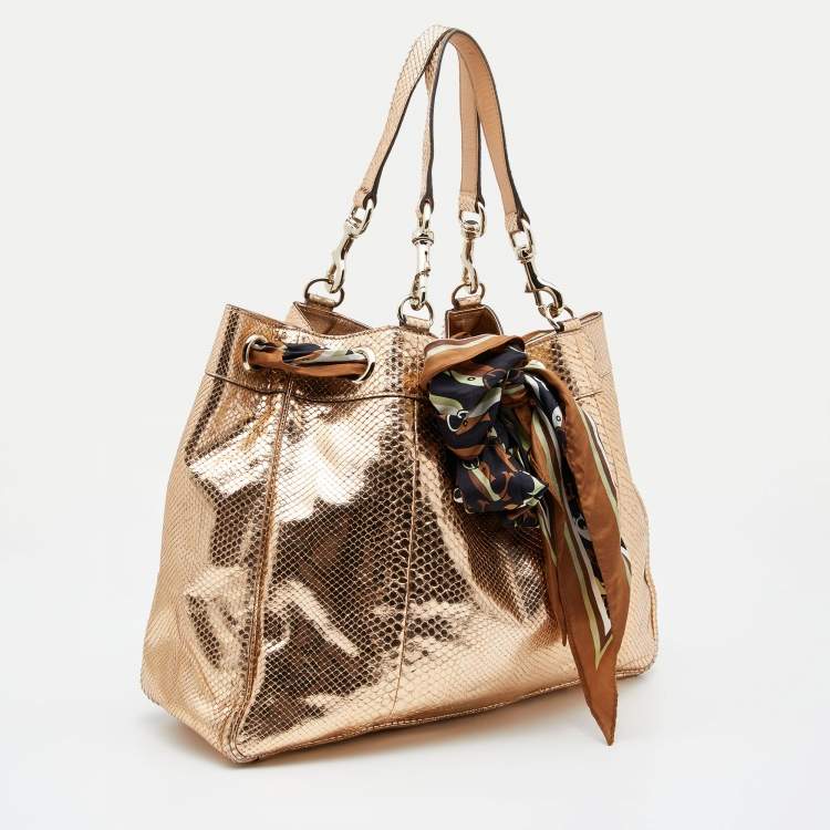 Pre Owned Gucci  Metallic Gold Python Leather Positano Scarf Tote