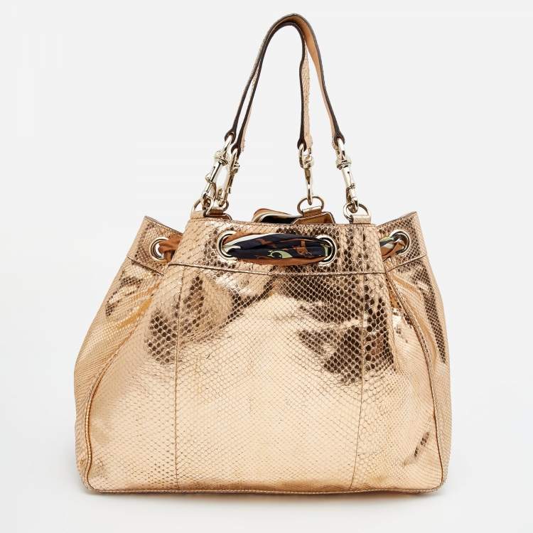 Pre Owned Gucci  Metallic Gold Python Leather Positano Scarf Tote