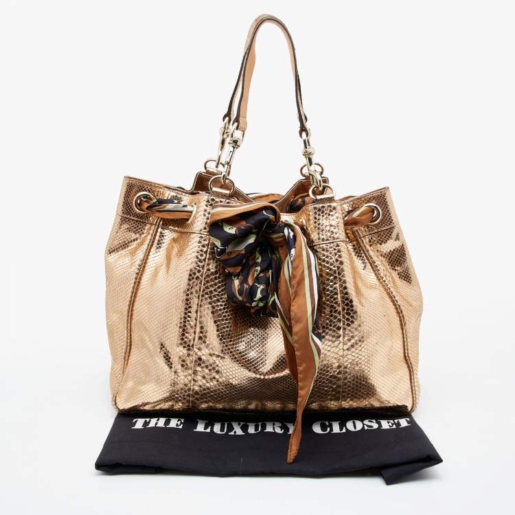 Pre Owned Gucci  Metallic Gold Python Leather Positano Scarf Tote