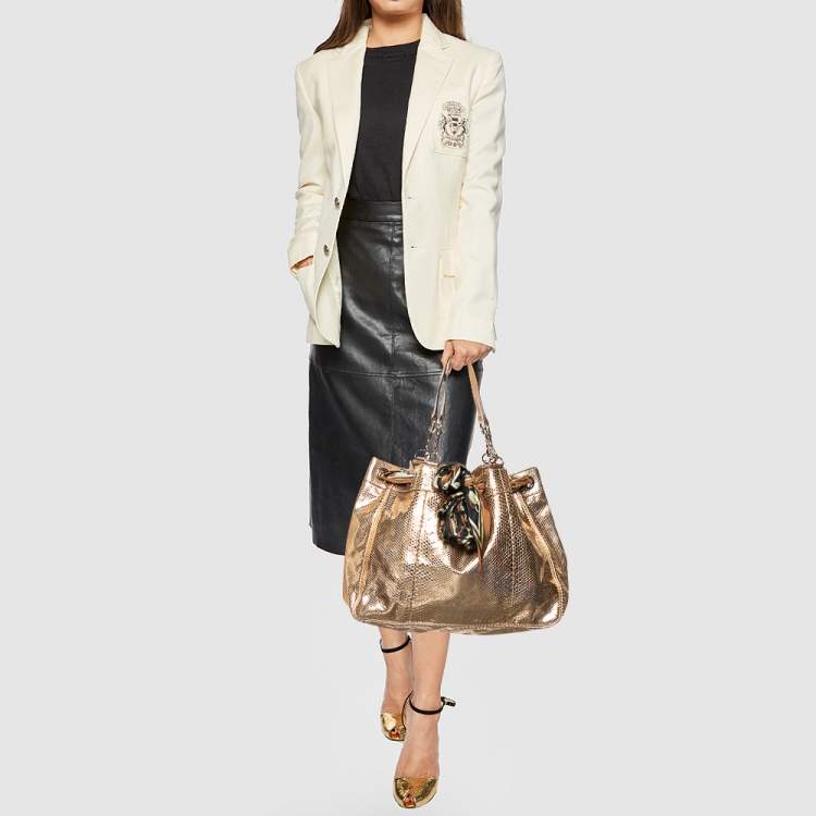 Pre Owned Gucci  Metallic Gold Python Leather Positano Scarf Tote