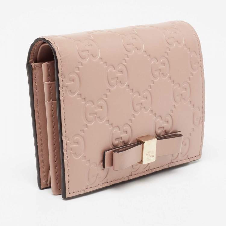 Pre Owned Gucci Dusty Pink Guccissima Leather Bow Card Case