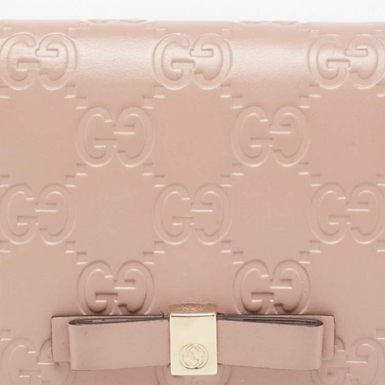 Pre Owned Gucci Dusty Pink Guccissima Leather Bow Card Case