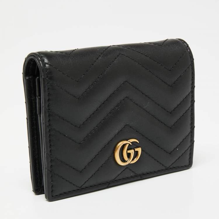Pre Owned Gucci Black Matelassé Leather GG Marmont Card Case