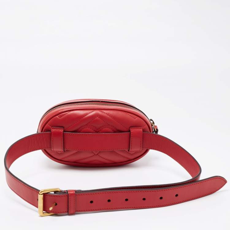 Pre Owned Gucci Red Matelassé Leather GG Marmont Belt Bag