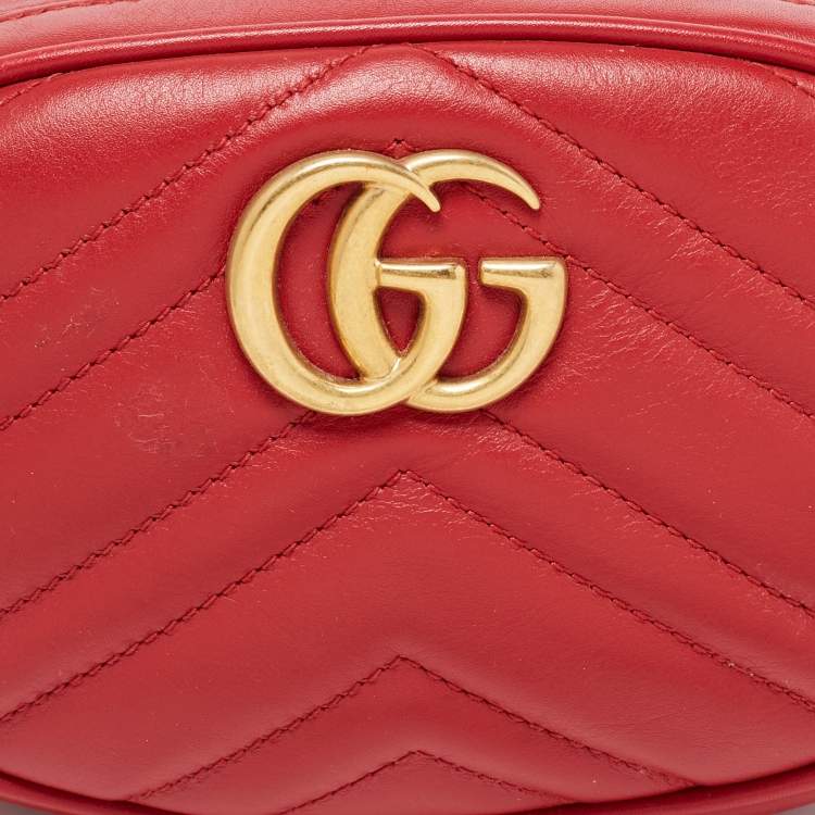 Pre Owned Gucci Red Matelassé Leather GG Marmont Belt Bag