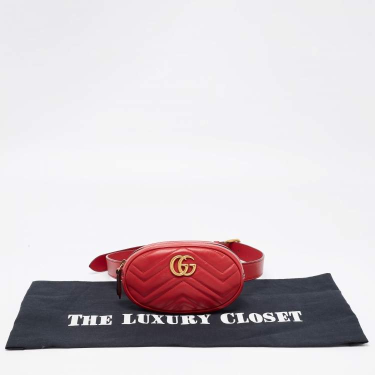 Pre Owned Gucci Red Matelassé Leather GG Marmont Belt Bag