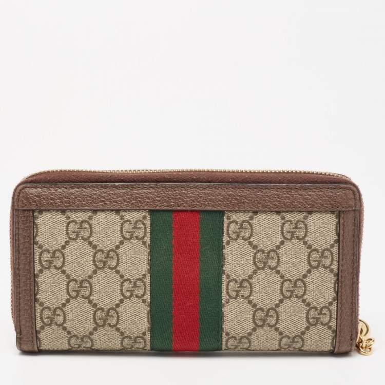 Pre Owned Gucci Brown/Beige GG Supreme Canvas and Leather Ophidia Zip Around Wallet
