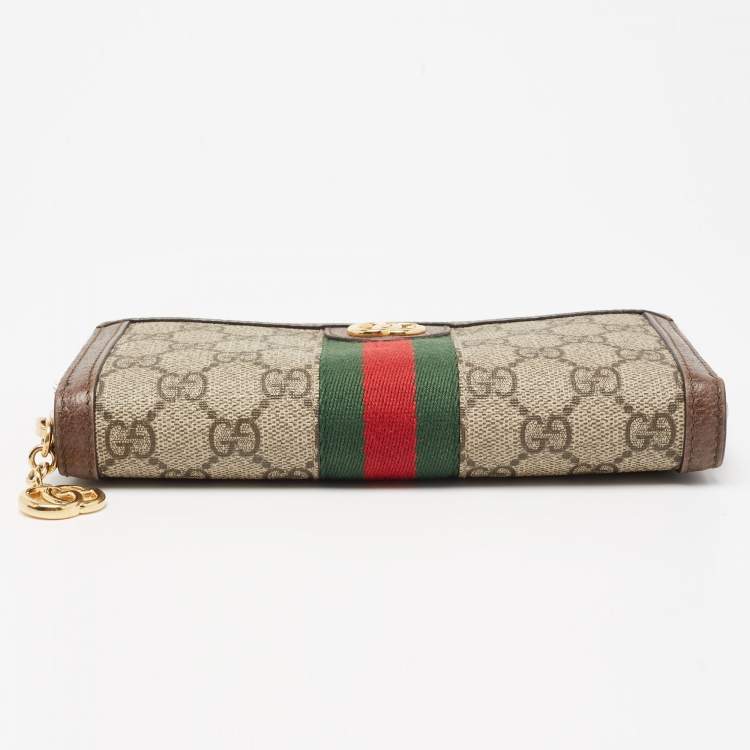 Pre Owned Gucci Brown/Beige GG Supreme Canvas and Leather Ophidia Zip Around Wallet