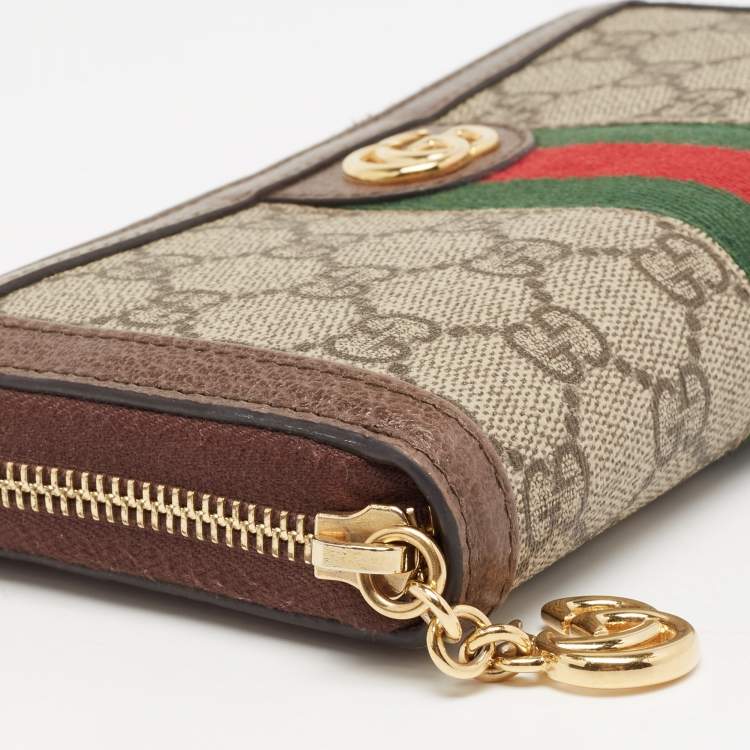 Pre Owned Gucci Brown/Beige GG Supreme Canvas and Leather Ophidia Zip Around Wallet