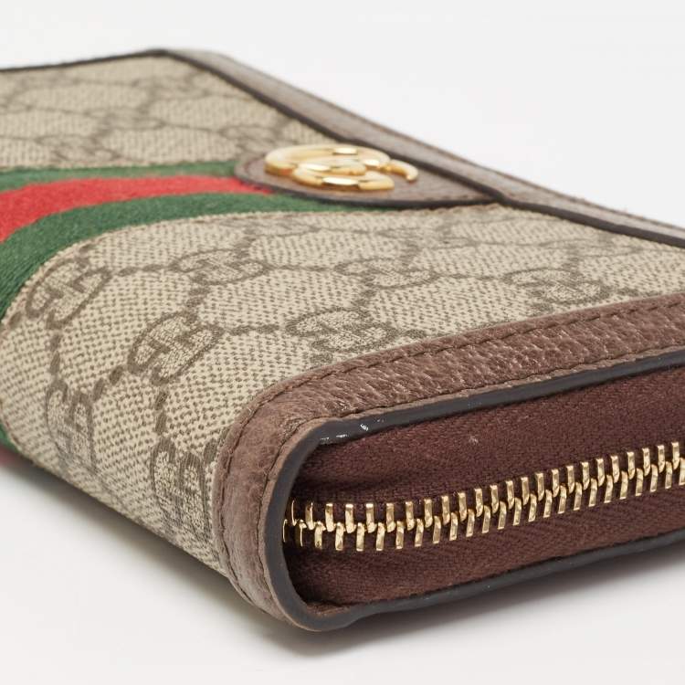 Pre Owned Gucci Brown/Beige GG Supreme Canvas and Leather Ophidia Zip Around Wallet