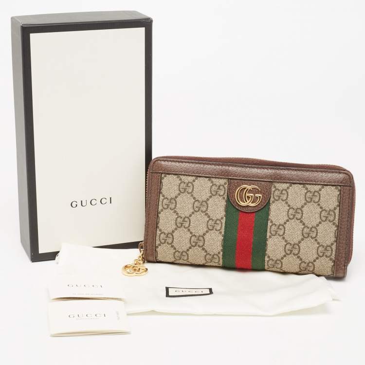 Pre Owned Gucci Brown/Beige GG Supreme Canvas and Leather Ophidia Zip Around Wallet
