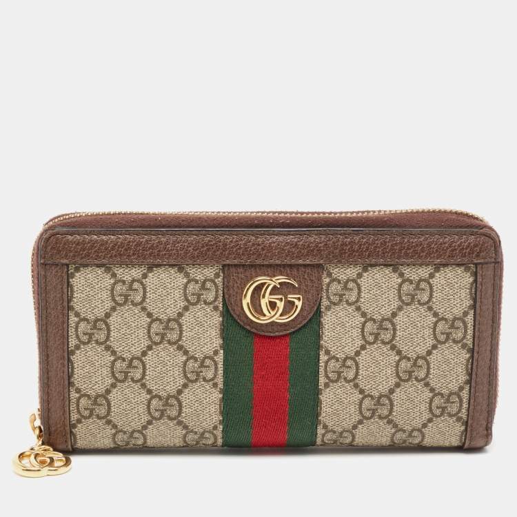 Pre Owned Gucci Brown/Beige GG Supreme Canvas and Leather Ophidia Zip Around Wallet