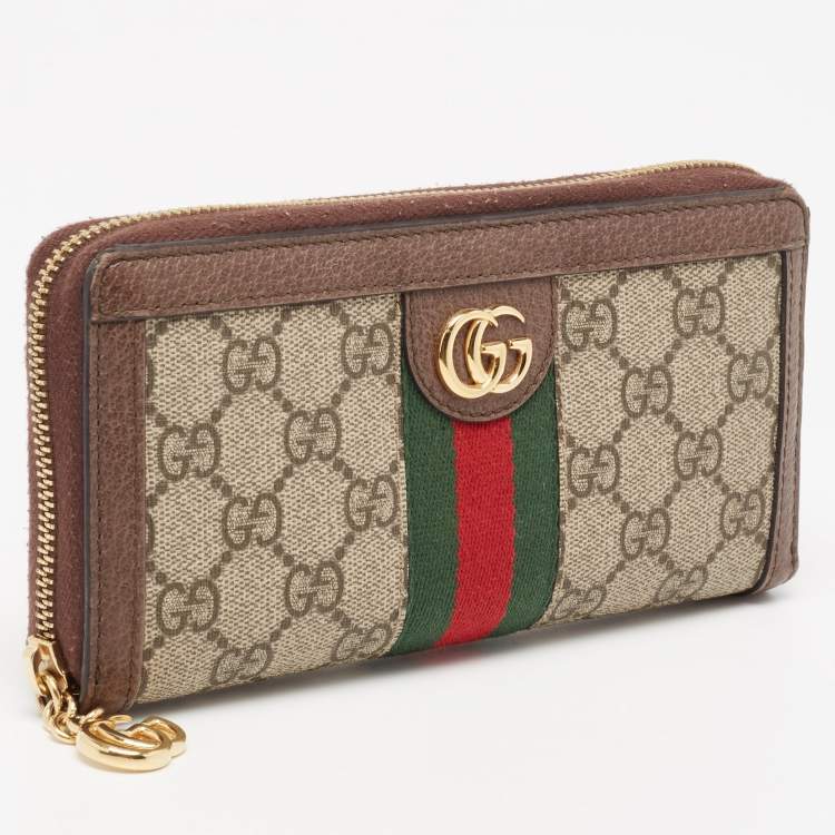 Pre Owned Gucci Brown/Beige GG Supreme Canvas and Leather Ophidia Zip Around Wallet