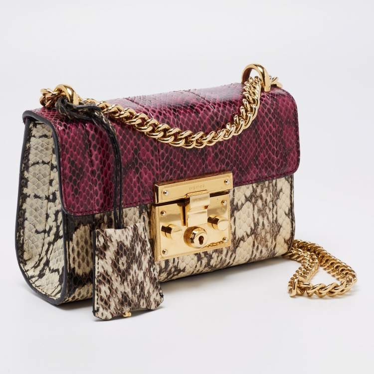 Pre Owned Gucci Purple/Beige Snakeskin Small Padlock Shoulder Bag