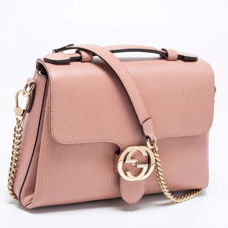 Pre Owned Gucci Dusty Pink Leather Dollar Interlocking G Top Handle Bag