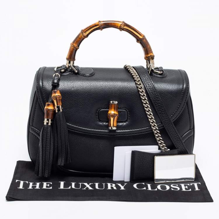 Pre Owned Gucci Black Leather Large New Bamboo Tassel Top Handle bag