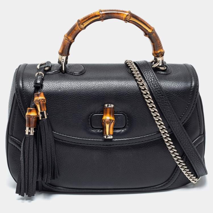 Pre Owned Gucci Black Leather Large New Bamboo Tassel Top Handle bag