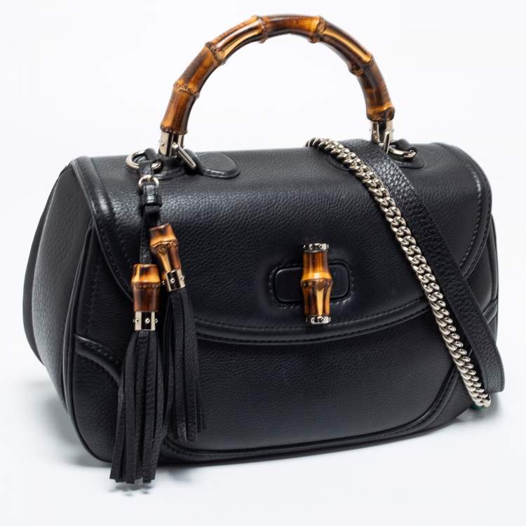 Pre Owned Gucci Black Leather Large New Bamboo Tassel Top Handle bag