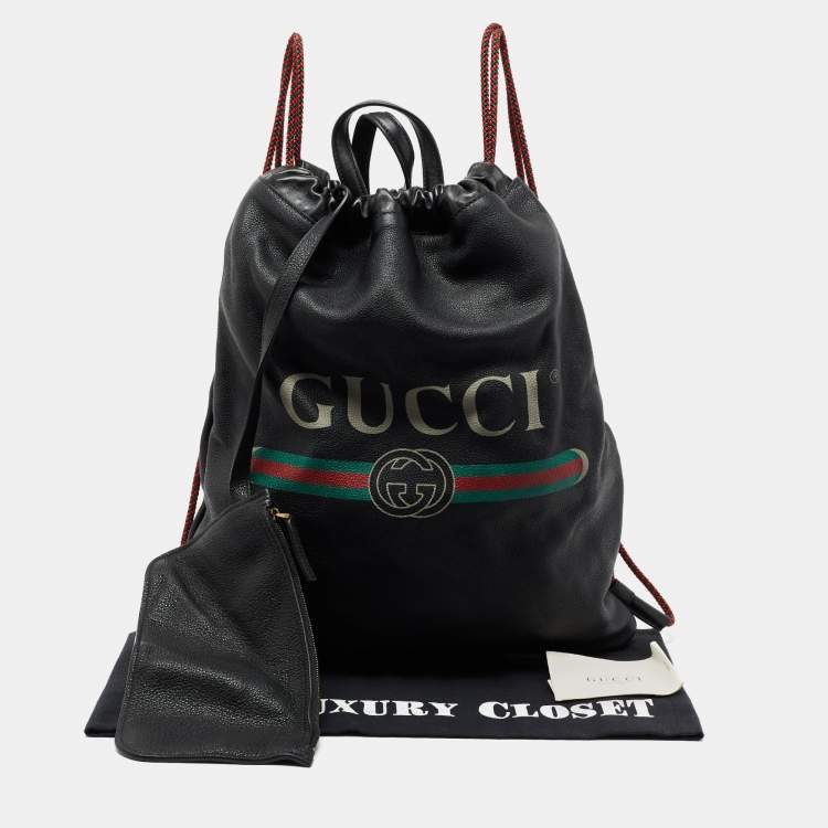 Pre Owned Gucci Black Leather Logo Drawstring Backpack
