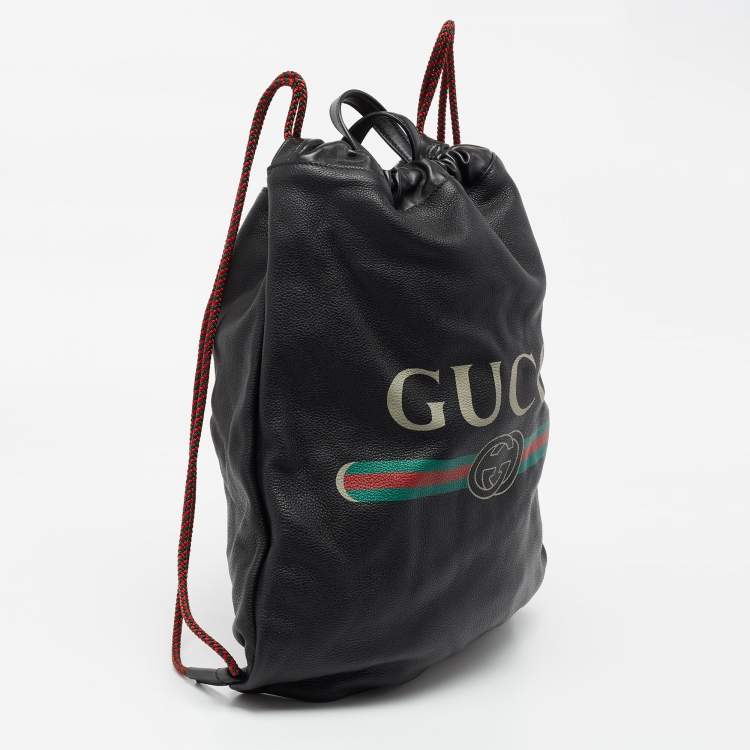 Pre Owned Gucci Black Leather Logo Drawstring Backpack