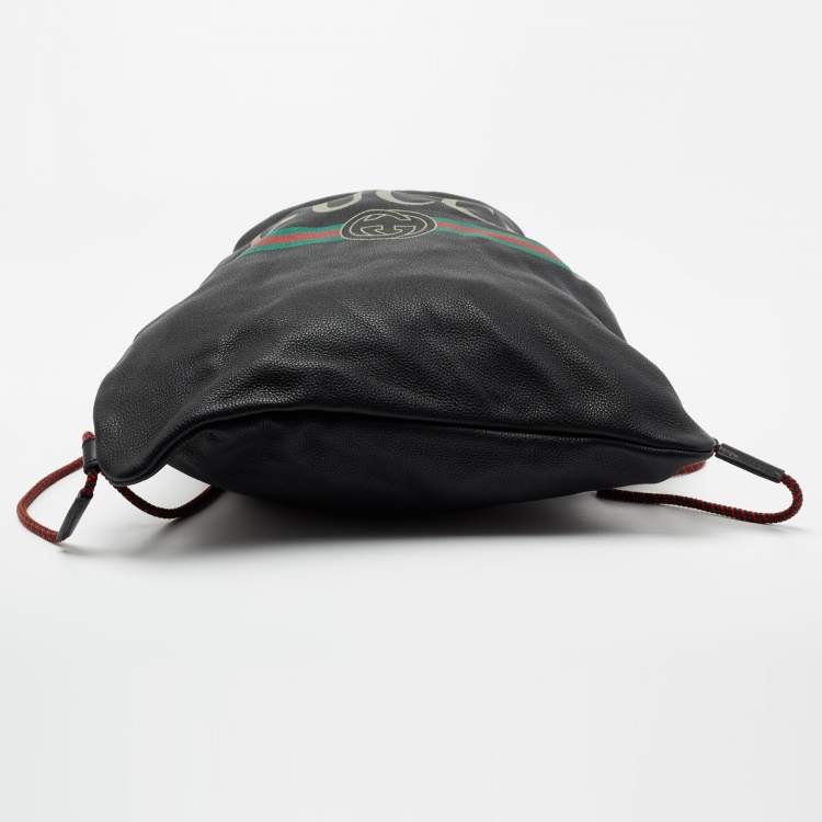 Pre Owned Gucci Black Leather Logo Drawstring Backpack