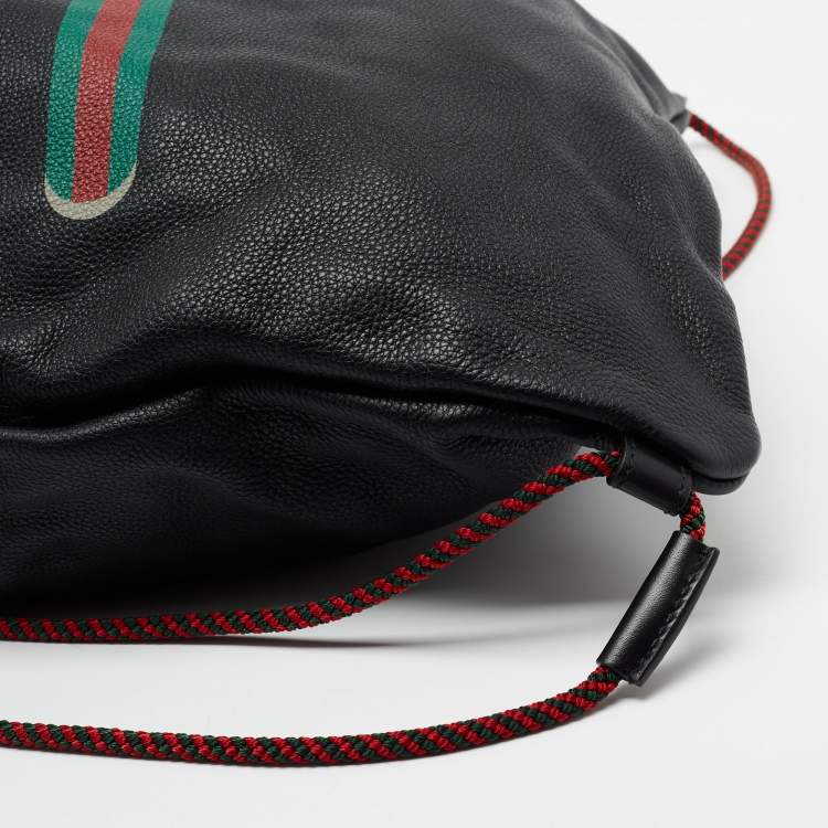 Pre Owned Gucci Black Leather Logo Drawstring Backpack