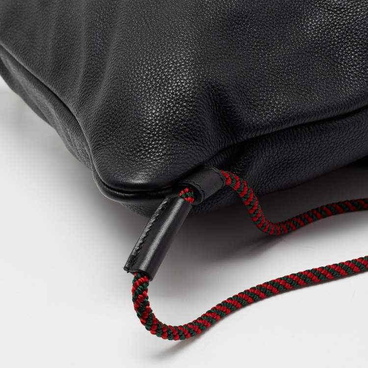Pre Owned Gucci Black Leather Logo Drawstring Backpack