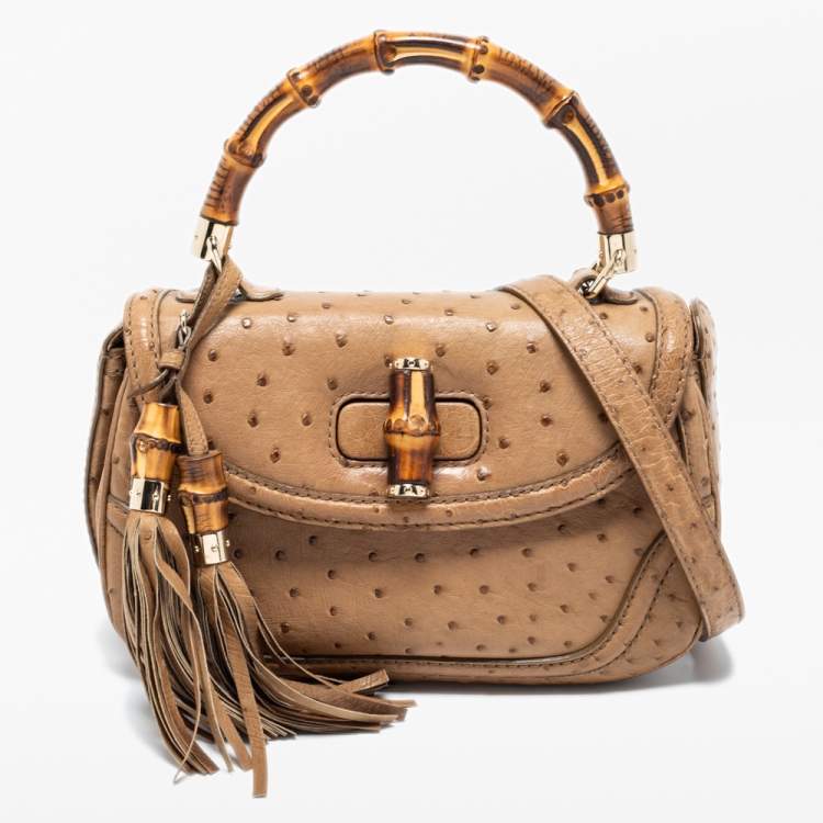 Pre Owned Gucci Tan Ostrich Medium Tassel New Bamboo Top Handle Bag