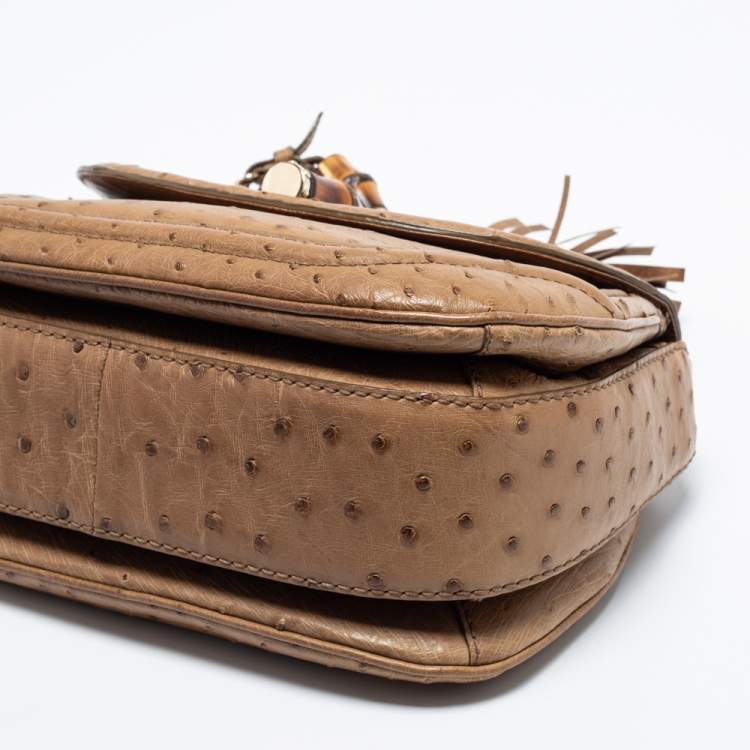 Pre Owned Gucci Tan Ostrich Medium Tassel New Bamboo Top Handle Bag