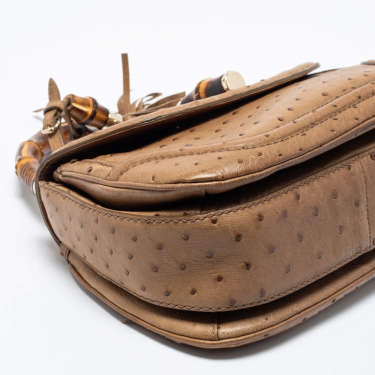 Pre Owned Gucci Tan Ostrich Medium Tassel New Bamboo Top Handle Bag